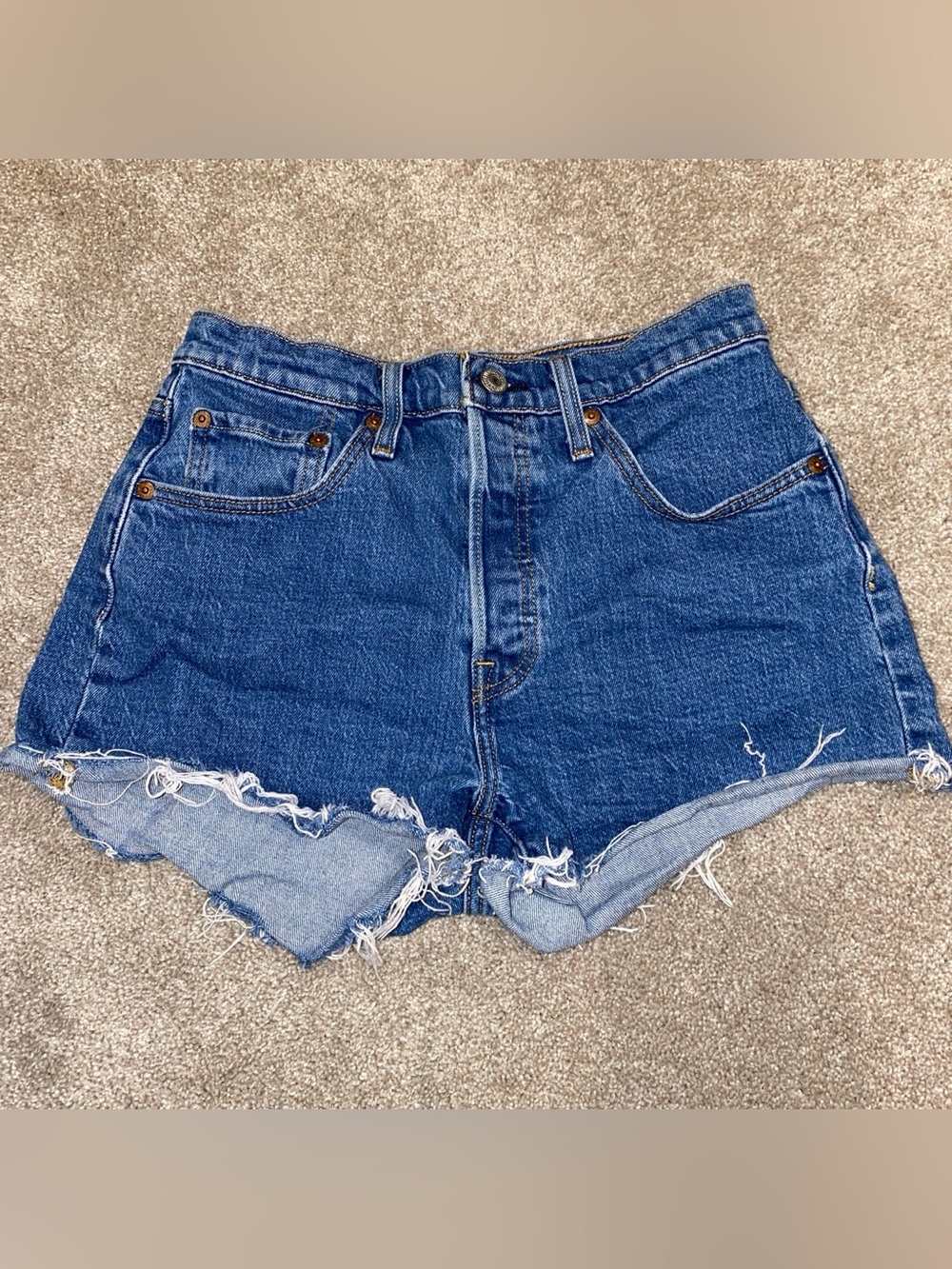 Levi’s Blue Denim Cut Off Frayed Hem Shorts
Size 27 Button Fly